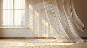 Blowing white sheer curtain window sunlight on blank vertical beige brown stripe wallpaper wall parquet floor for interior design