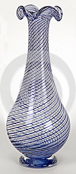 Blown glass hand made vase with blue whirling lines stripes. Turkish art cesmi bulbul.