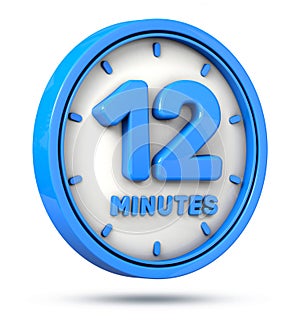 Blue 12 minutes on white background. 12 min logo. 3d illustration.