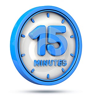Blue 15 minutes on white background. 15 min logo. 3d illustration.