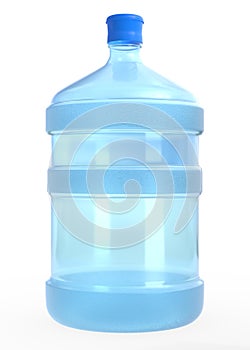 Blue 19 liter or 5 gallon plastic water bottle or container isolated on white background