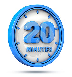 Blue 20 minutes on white background. 20 min logo. 3d illustration.