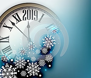 Blue 2019 New Year background with clock. Greeting card.