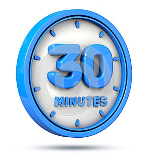 Blue 30 minutes on white background. 30 min logo. 3d illustration.