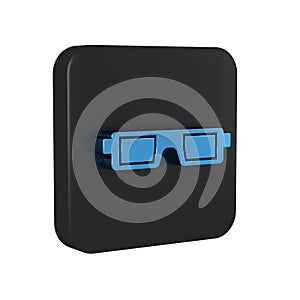 Blue 3D cinema glasses icon isolated on transparent background. Black square button.
