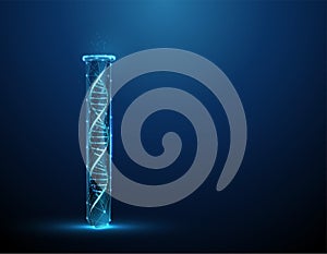 Blue 3d DNA molecule helix in lab test tube