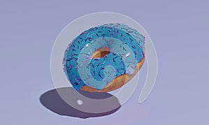 Blue 3D donut on a blue background is a realistic sweet dessert with a top. 3D rendering