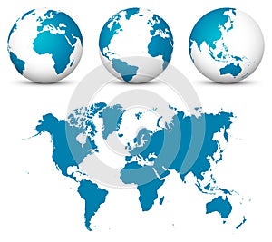 Blue 3D Earth / Globe Set. World Vector Collection with Flat Undistorted 2D Earth Map in Blue Color.