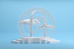 Blue 3d illustration. Podium - stairs stand on a blue background with white clouds.3d render