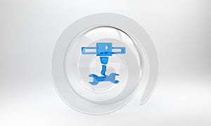 Blue 3D printer wrench spanner icon isolated on grey background. 3d printing. Glass circle button. 3D render