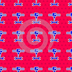 Blue 3D printer wrench spanner icon isolated seamless pattern on red background. 3d printing. Vector