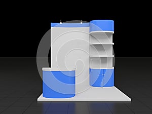 Blue 3d rendered stand or booth in a tradeshow, Virtual exhibition mockup