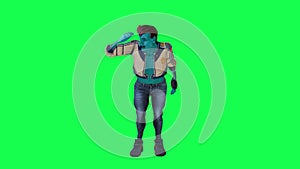 Blue 3D warrior character looking around and talking from opposite angle on green screen 3D people walking background chroma key V