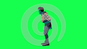 Blue 3D warrior character looking around and talking from right angle on green screen 3D people walking background chroma key Visu