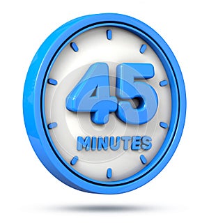 Blue 45 minutes on white background. 45 min logo. 3d illustration.