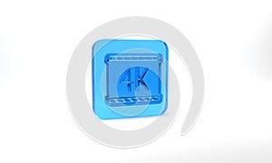 Blue 4k movie, tape, frame icon isolated on grey background. Glass square button. 3d illustration 3D render