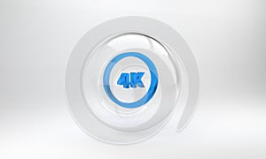 Blue 4k Ultra HD icon isolated on grey background. Glass circle button. 3D render illustration