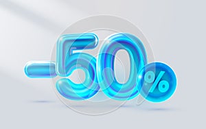 Blue 50 off sale banner, light neon flyer, retro label. Vector