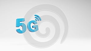 Blue 5G 3D Text Spinning on Studio Light Gray Background