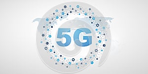 Blue 5G Network Label with Grey World Map and Circular Network Mesh - High Speed, Broadband Mobile Telecommunication