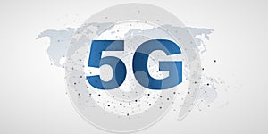 Blue 5G Network Label with Grey World Map and Polygonal Mesh Background - High Speed, Broadband Mobile Telecommunication