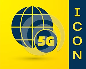 Blue 5G new wireless internet wifi connection icon isolated on yellow background. Global network high speed connection