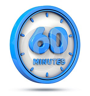 Blue 60 minutes on white background. 60 min logo. 3d illustration.