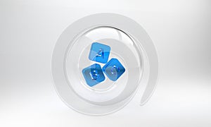 Blue ABC blocks icon isolated on grey background. Alphabet cubes with letters A,B,C. Glass circle button. 3D render