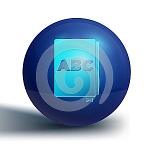 Blue ABC book icon isolated on white background. Dictionary book sign. Alphabet book icon. Blue circle button. Vector