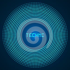 Blue abstract background - circles of glowing pixels, concentric circles