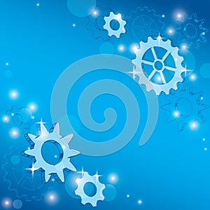 Blue abstract background with gears and bokeh - vector cogwheels and contours