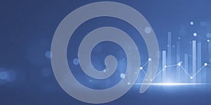 Abstract blue background with glowing data visualization elements, featuring bar graphs and line charts, representing