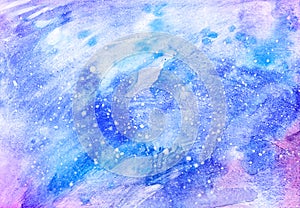 Blue abstract background with splashes painted in watercolor