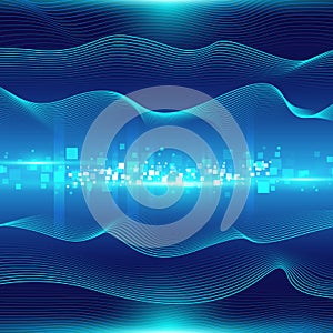 Blue abstract background with waves and particles