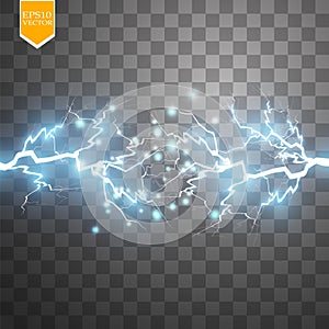 Blue abstract energy shock explosion special light effect with spark. Vector glow power lightning cluster. Electric