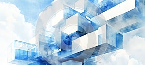 Blue Abstract Futuristic Architectural Elements With Cloudy Sky. Structure, Design, Engineering