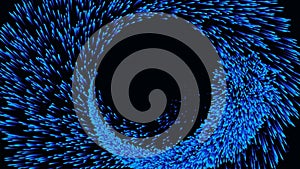 Blue abstract glitter trail flying in a spiral on black background, seamless loop. Beautiful comet tail making circles