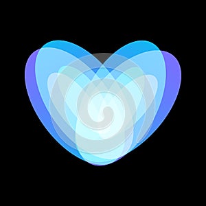 Blue abstract heart symbol on black background, unusual isolated vector logo. Unconventional love icon on black