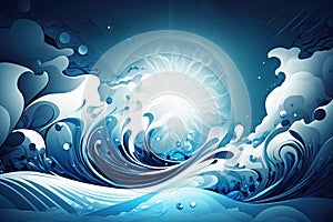 blue abstract liquid wave background with sun and clouds in the sky