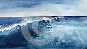 Blue abstract ocean seascape. Surface of the sea. Water waves in watercolor style. Nature background