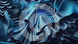 a blue abstract painting with wavy lines and curves on a black background