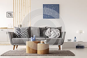 Blue abstract painting on white wall of contemporary living room interior with grey settee with pillows photo