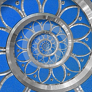 Blue abstract round spiral background pattern fractal. Silver metal spiral blue decorative ornament element. Metal pattern