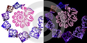 Blue abstract shapes are arranged in a spiral and end with a pink shell on white and black backgrounds.