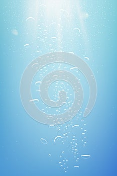 Blue abstract vertical background with sparkles. Water with bubbles and white light shining from sky vector illustration