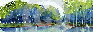 Blue Abstract watercolor hand painted landscape background. River coast with trees forest hand drawn illustration on