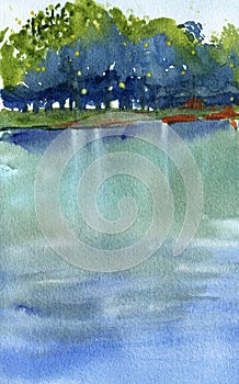 Blue Abstract watercolor hand painted landscape background. River coast with trees forest hand drawn illustration on
