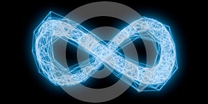 Blue abstract wireframe glowing infinty symbol isolated on black background, eternity or limitless concept photo