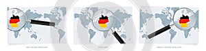 Blue Abstract World Maps with magnifying glass on map of Germany with the national flag of Germany. Three version of World Map