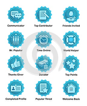 Blue achievement badges for web, apps, blogs, forums